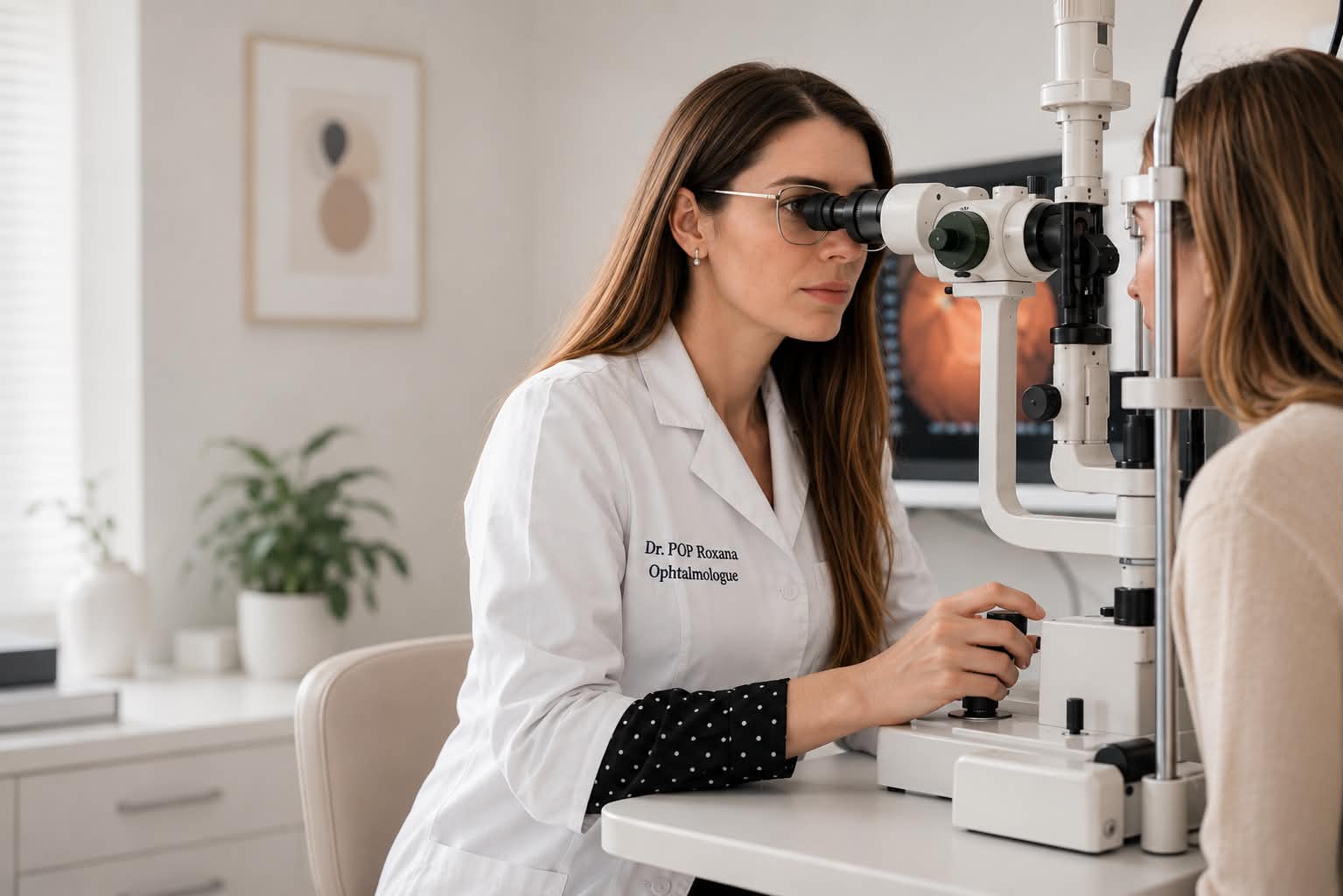 Dr Roxana Pop examining a patient at the slit lamp in the Évreux practice